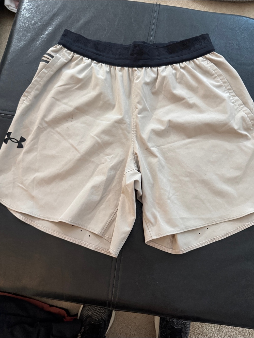 Under Armour Men's Light Beige Training Shorts with Black Waistband